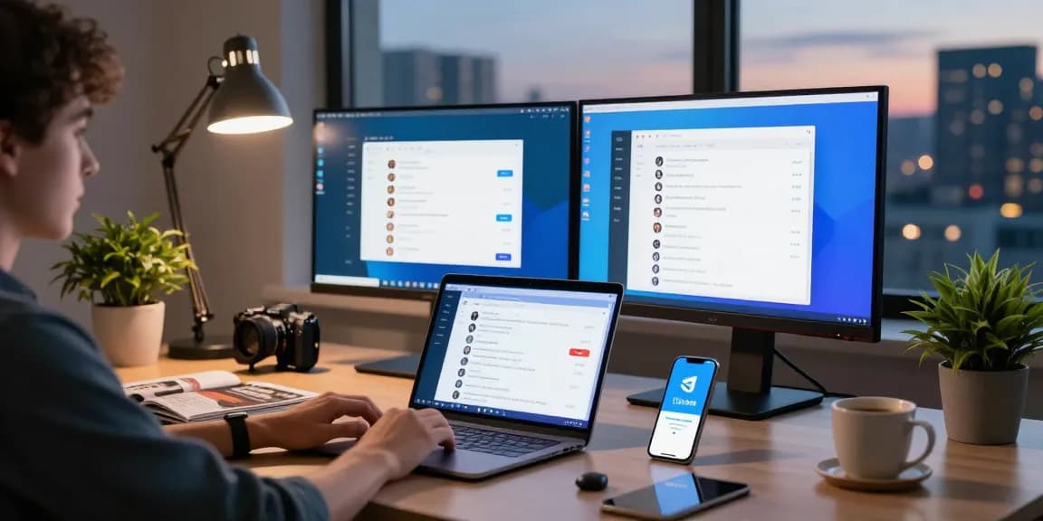 Engaged user accessing Telegram web version on sleek laptop in a modern workspace.