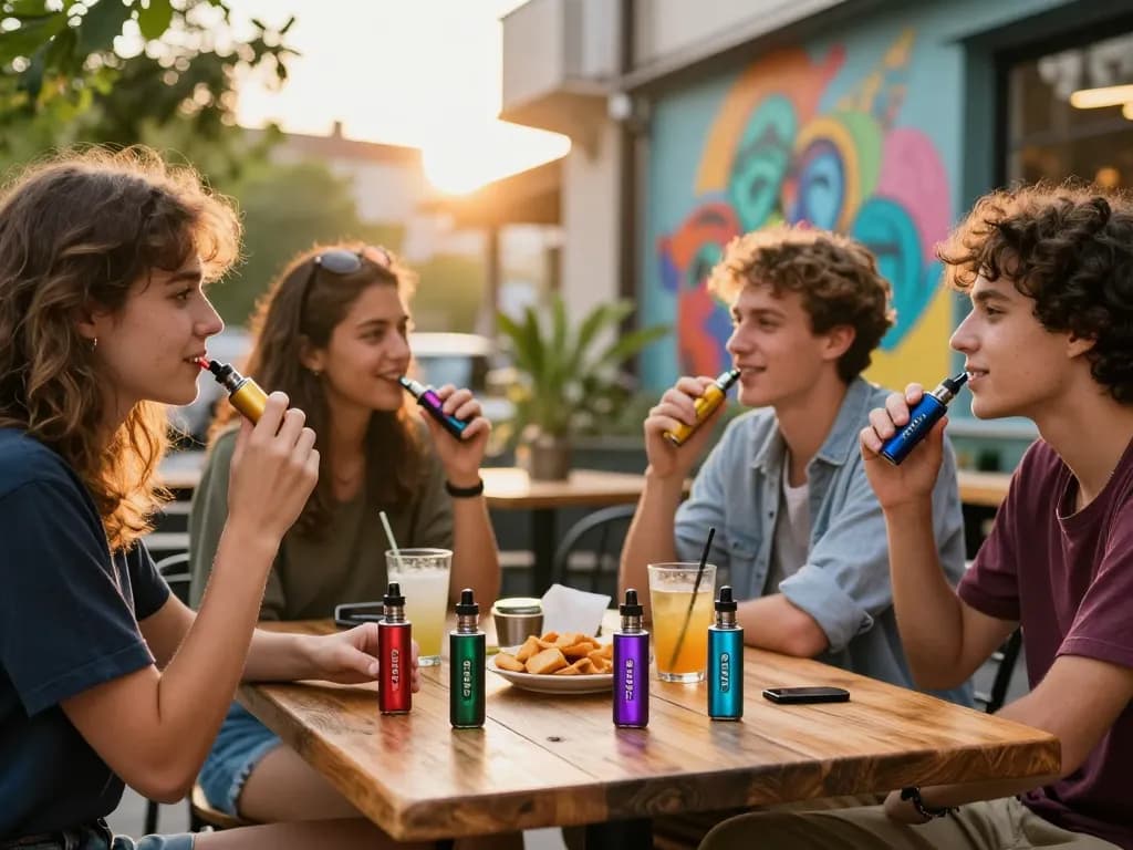 Puff THC Italia vape pen condivisi tra amici in un caffè accogliente, mostrando la moderna cultura della cannabis e una vivace interazione sociale.