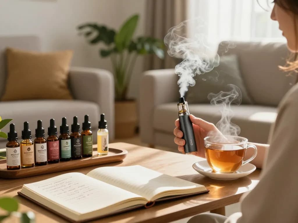 Sigarette elettroniche con succo di vape biologico e olio CBD in un'accogliente ambientazione di benessere, che migliora il relax e la qualità della vita.