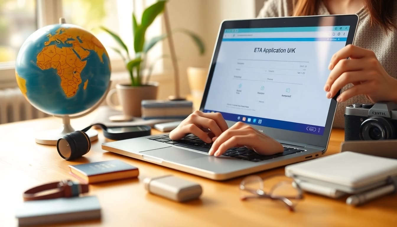 Fill out the eta application uk form with ease, showcasing travel essentials and a bright workspace.