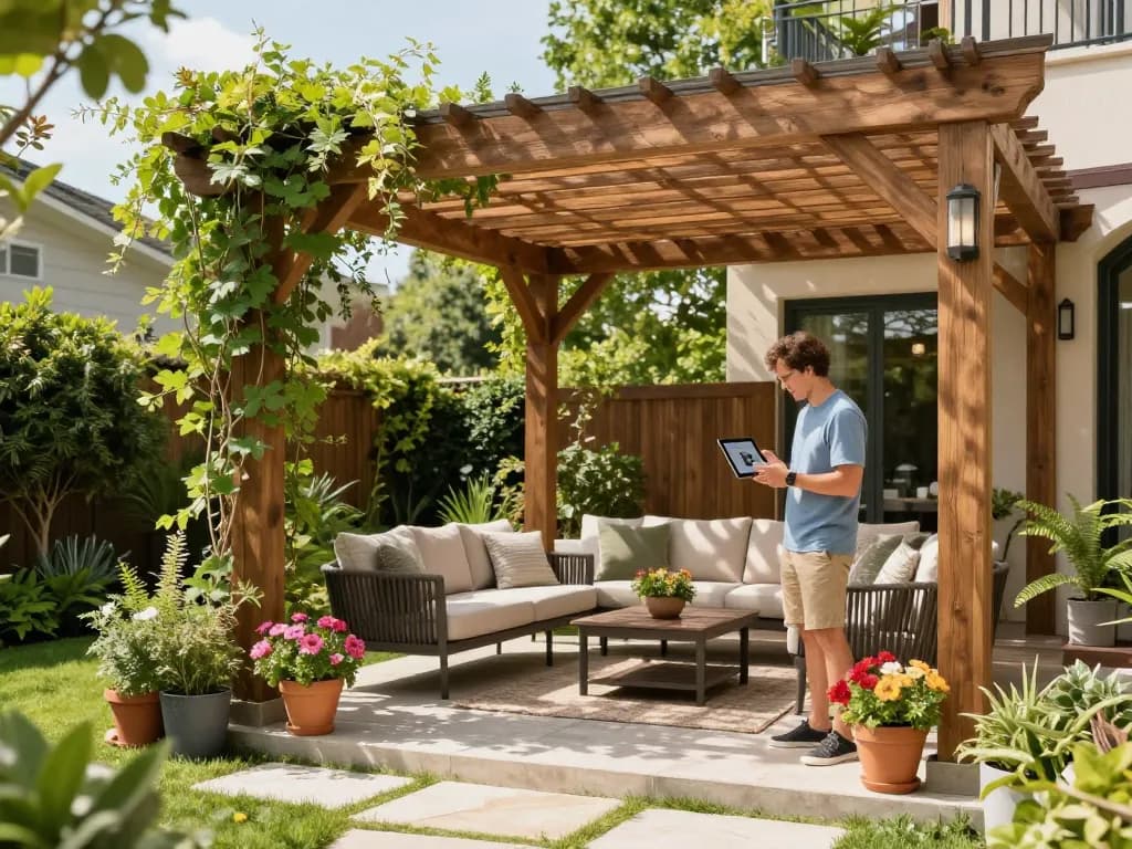 Proprietario di casa che gestisce contenuti per pergole (CMS) sotto una pergola esterna progettata con cura.