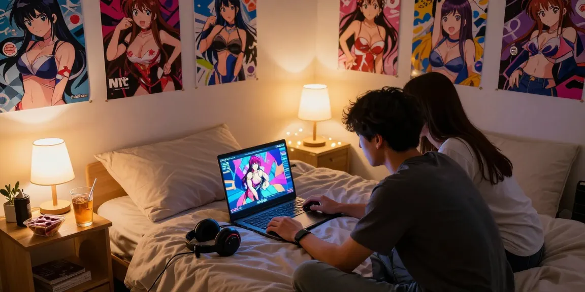 Couple enjoying free hentai games together on a cozy bed with playful ambiance.