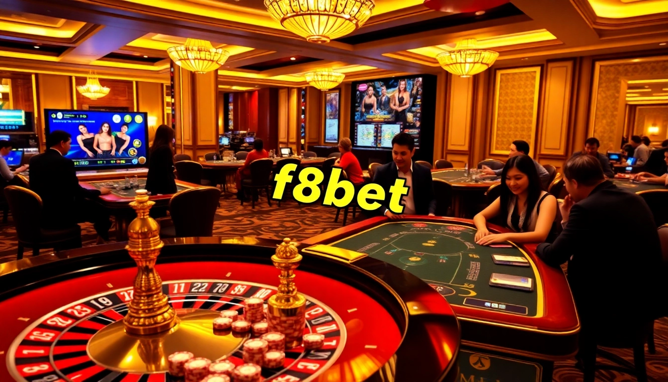 Experience the excitement of trang chủ f8bet chính thức with a vibrant casino scene showcasing luxurious gaming tables and online interfaces.