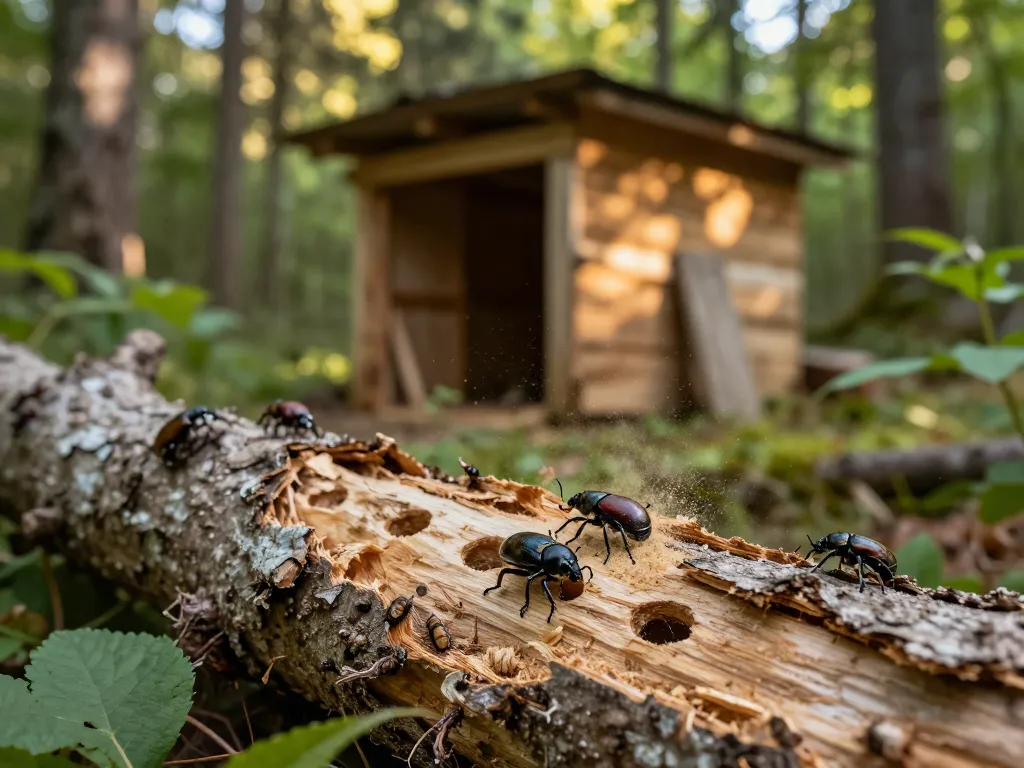 Coleotteri del legno che emergono da un tronco di albero in decomposizione con fori di uscita visibili e polvere di legno in un ambiente forestale