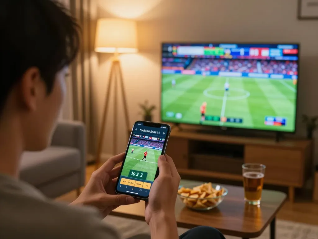 Person using smartphone to view tỷ lệ kèo trực tuyến during an exciting sports event in a cozy living room