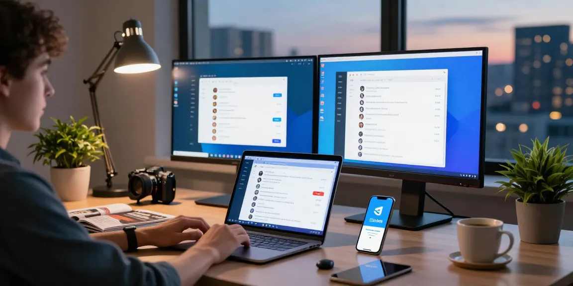 Engaged user accessing Telegram web version on sleek laptop in a modern workspace.
