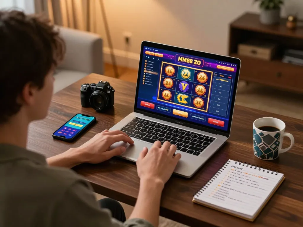 Engaging in online gaming at MM88 ZO, a player enjoys a vibrant casino interface showcasing games and strategies.