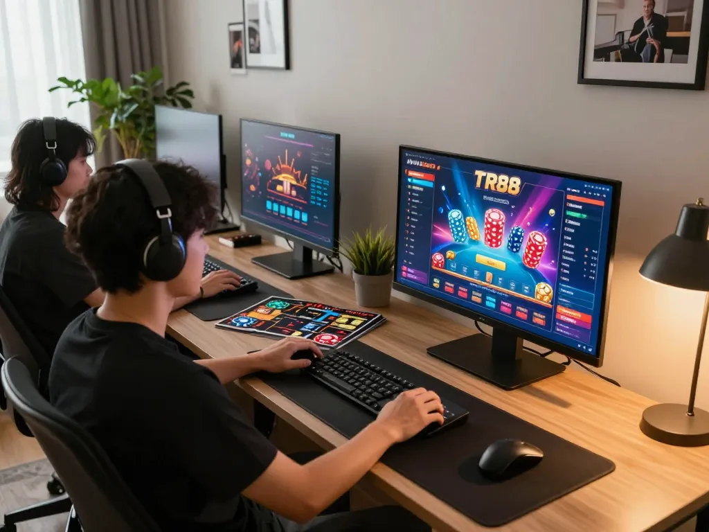 Engaged player enjoying TR88 casino gaming on a sophisticated home setup