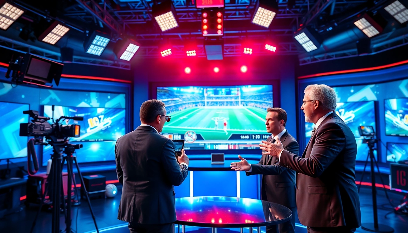 Engaging sports broadcasting studio with presenters and live highlights displayed on screen.