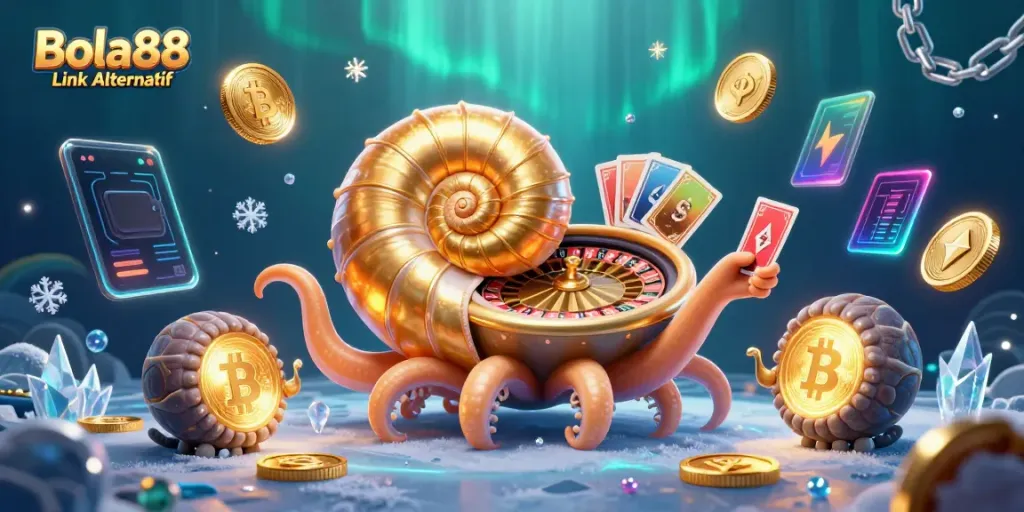 Engage with Bola88 Link Alternatif in a vibrant online casino world, featuring a nautilus roulette and glowing treasures.