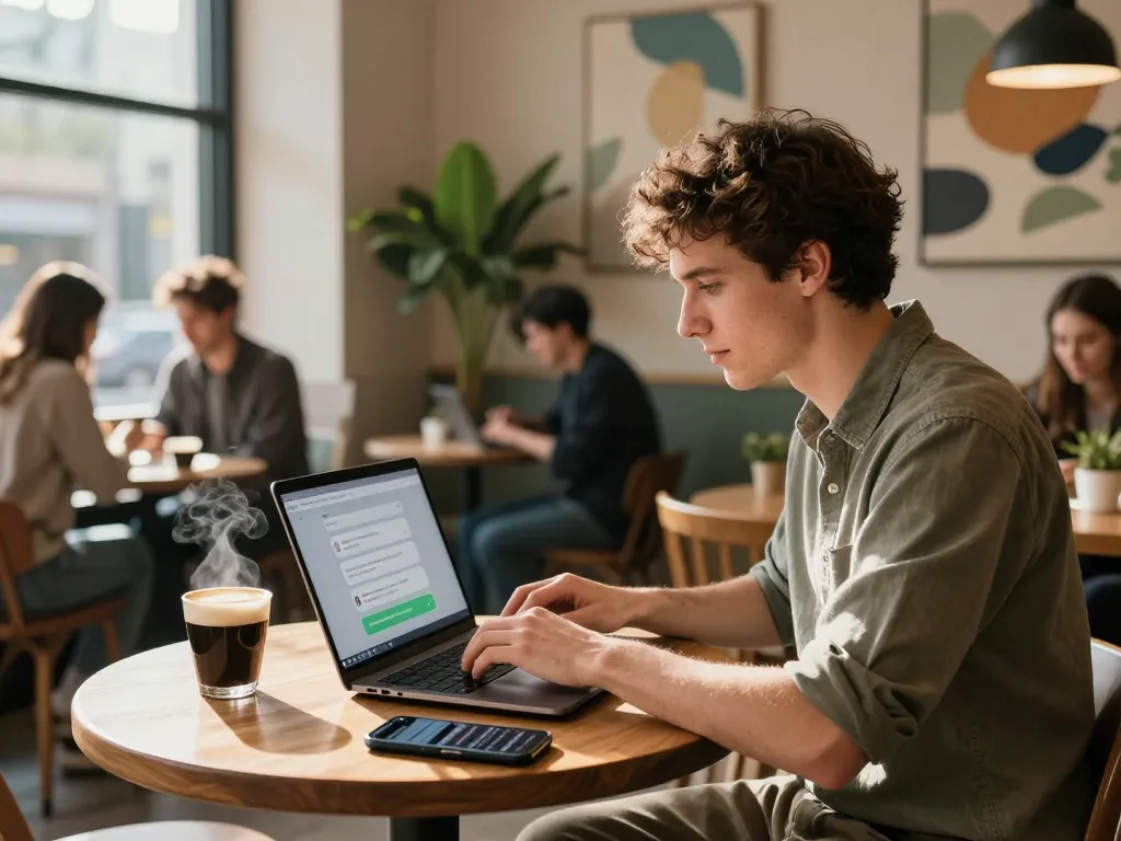 Young man engaging in sex AI chat at a cafe with laptop and coffee.