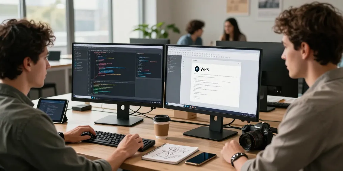 WPS Download in a dynamic workspace with a developer coding and collaborating in a modern office.