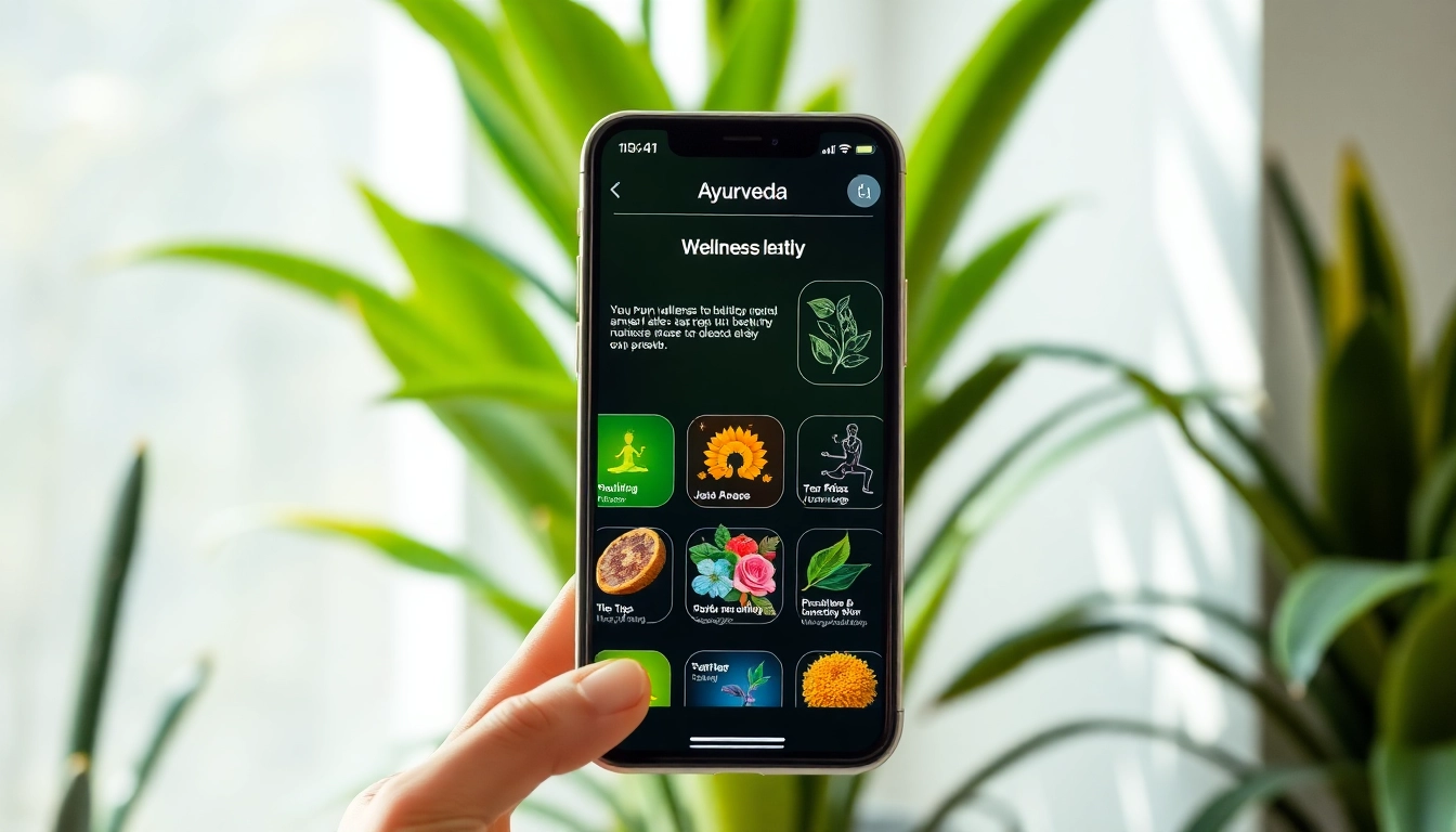 Showcase of Ayurveda Mobile App features on a smartphone amidst serene greenery.