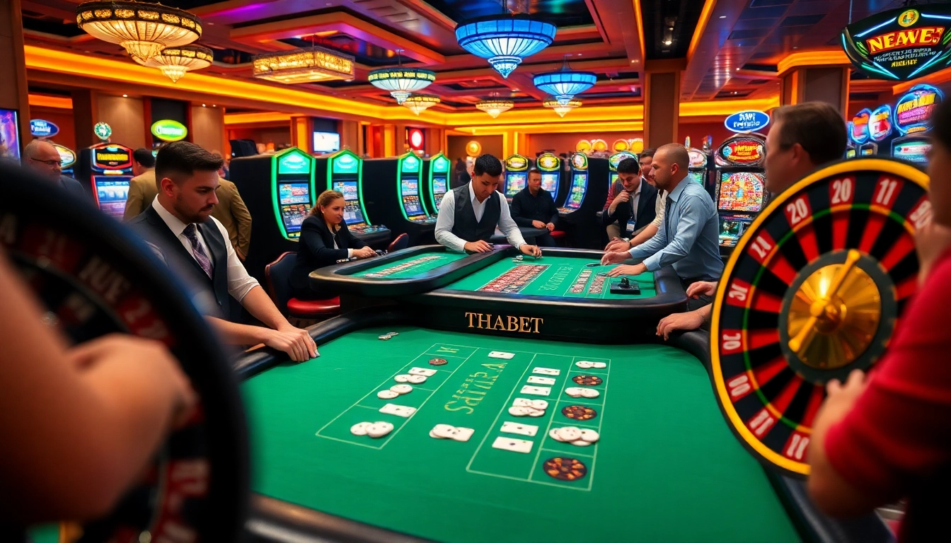 Players enjoying the excitement of THABET at a professional casino table, surrounded by vibrant machines.