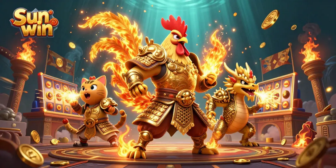 Engage with the thrilling world of Sun win, featuring an epic battle scene of a rooster warrior and dragon in a lively casino setting.