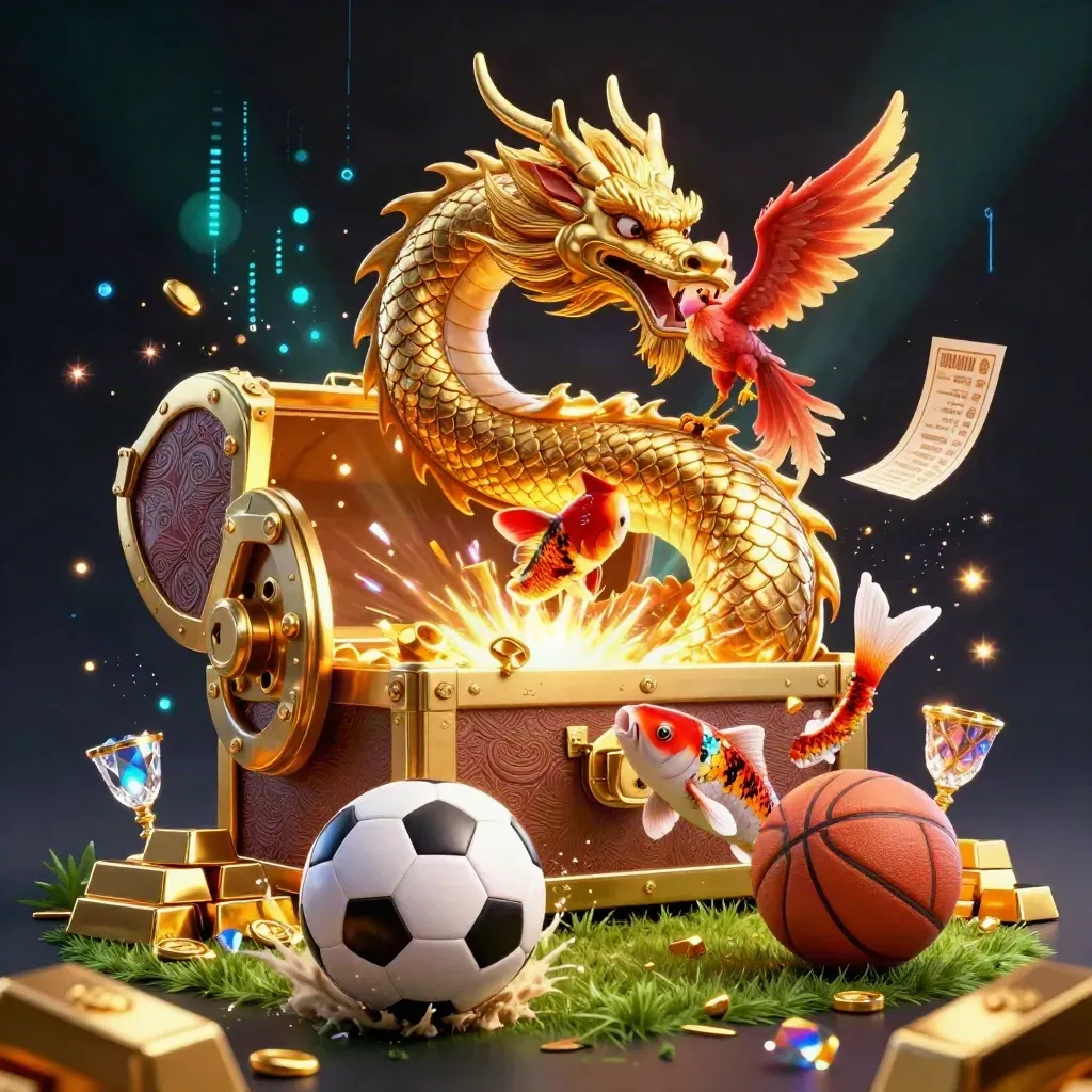 Drago d’oro, forziere, pallone e simboli casino in scena neon esplosiva