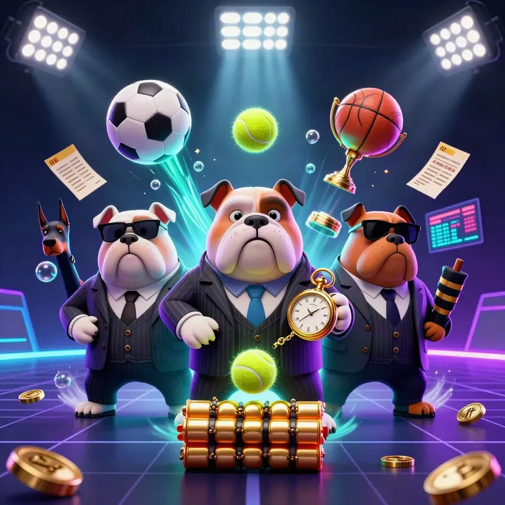 Bulldog mafioso e dobermann tra palline da tennis, calcio e basket, trofeo e monete al neon.