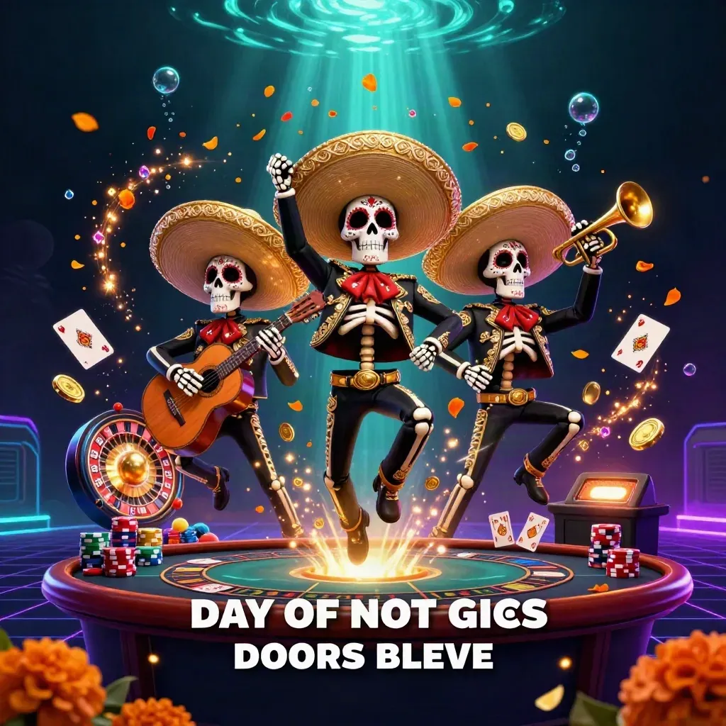 Tre scheletri mariachi tra monete d’oro, roulette, carte e neon su sfondo scuro.