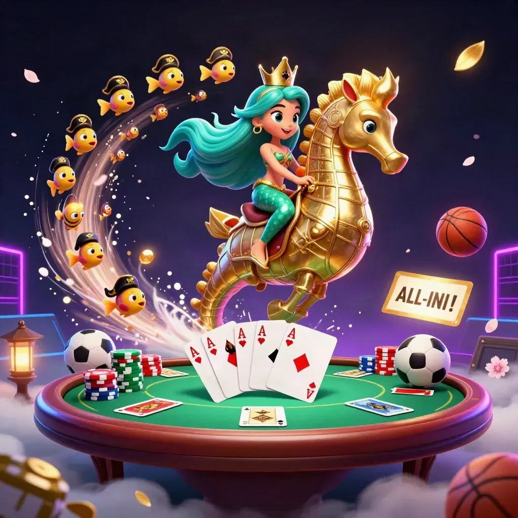 Sirena su ippocampo dorato tra carte, chip, pesci pirata e luci neon.