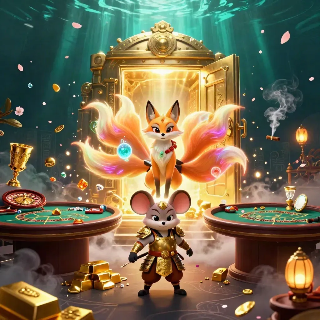 Volpe a nove code e topo samurai davanti a una cassaforte d’oro, con gemme e luci neon