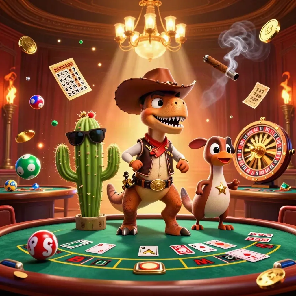 T-Rex cowboy, cactus e roadrunner in una sala casino lussuosa con luci dorate.