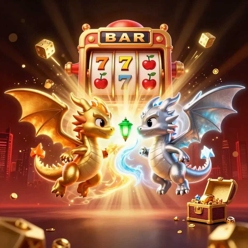 Due draghi 3D oro e argento in volo con fiamme e ghiaccio, tesori e jackpot esplodono.