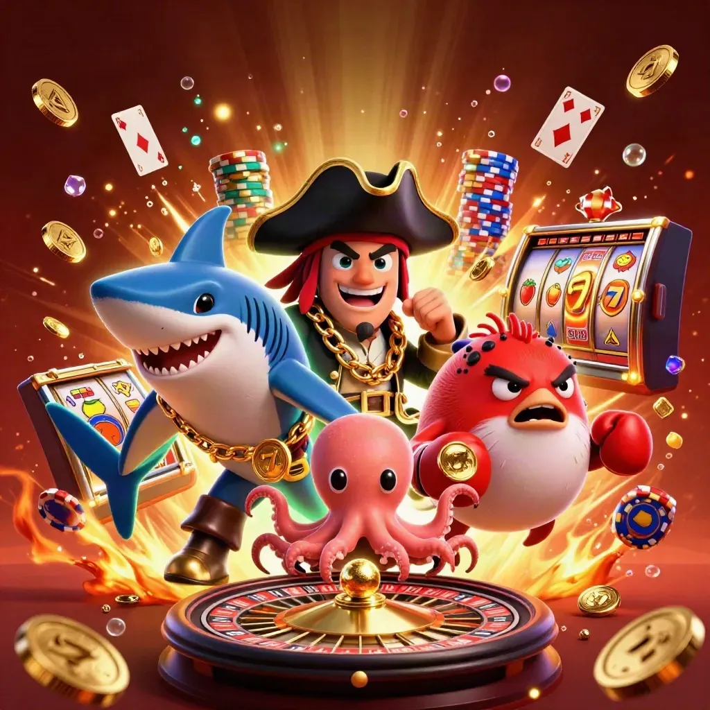 Squalo pirata, pesce palla e polpo giocano con monete e gemme in stile casino premium.