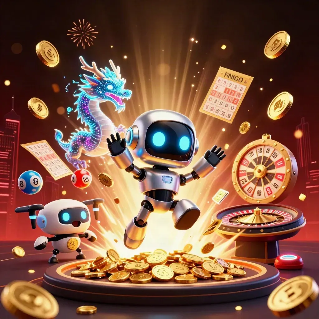 Robot cyberpunk, drago olografico e monete d’oro esplodono su sfondo rosso-nero da casinò.