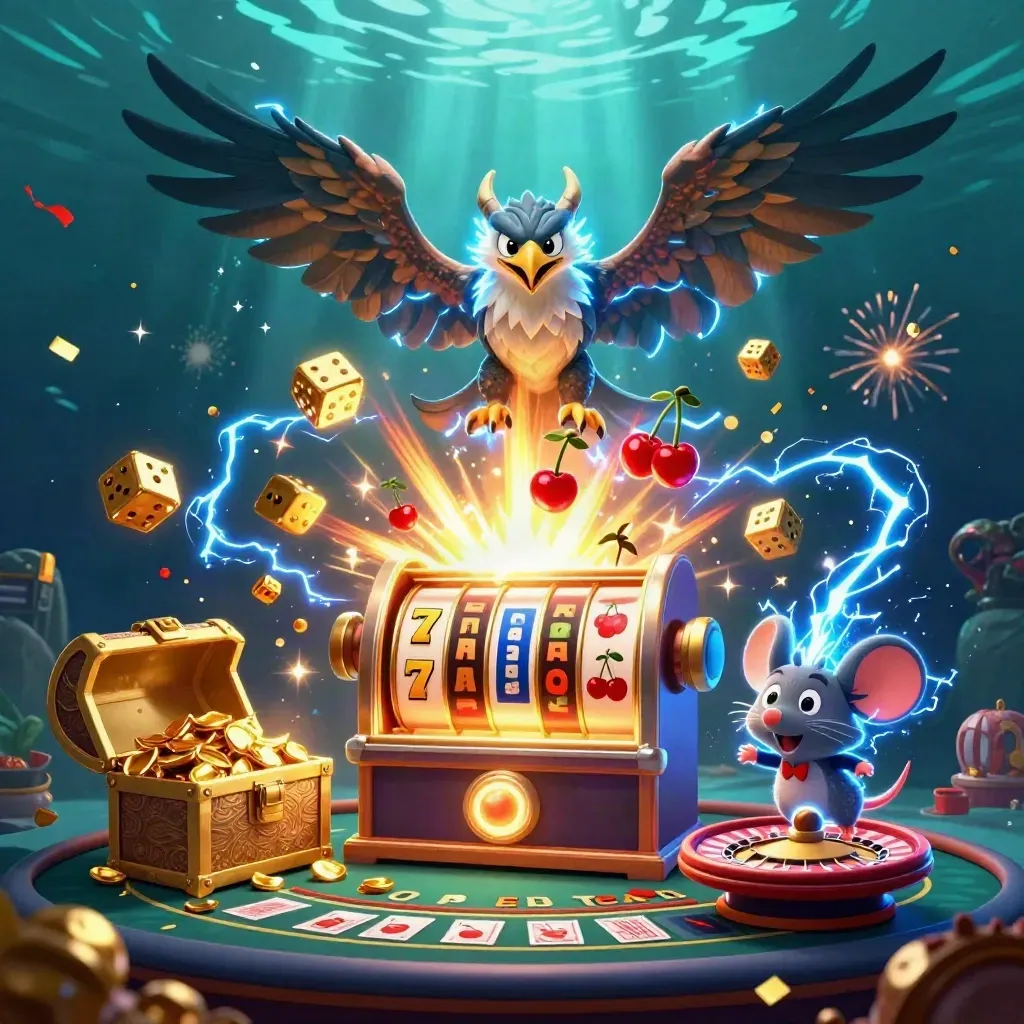 Drago, falco e topo elettrici tra jackpot, monete e fuochi d’artificio in stile casino.