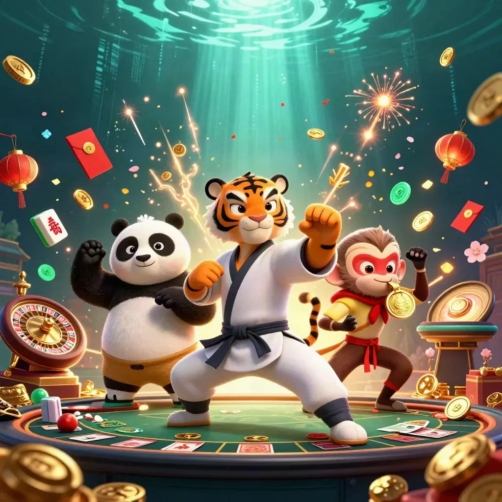 Tigre kung-fu, panda e scimmia tra monete d’oro, fuochi e tavolo da gioco.