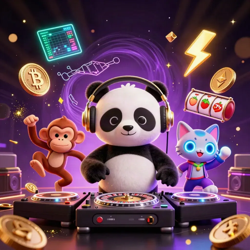 Panda DJ, scimmia e gattino rave tra slot, monete crypto e luci neon.