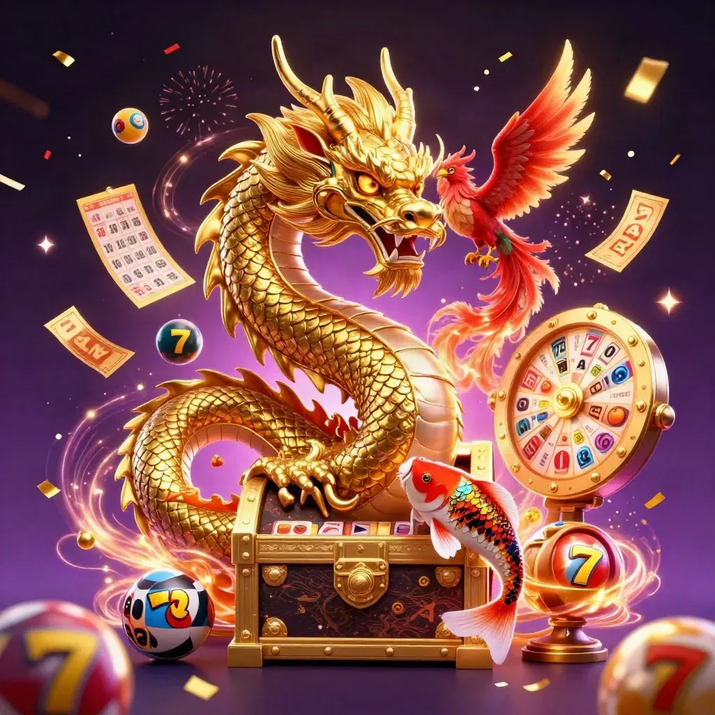 Drago d’oro con tesoro, fenice rossa e carpa tra luci casinò e stelle