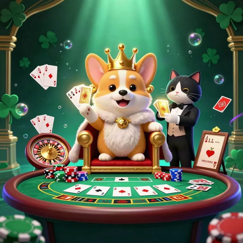 Corgi re e gatto maggiordomo tra fiches, carte e ruota roulette, luci verdi e dorate.
