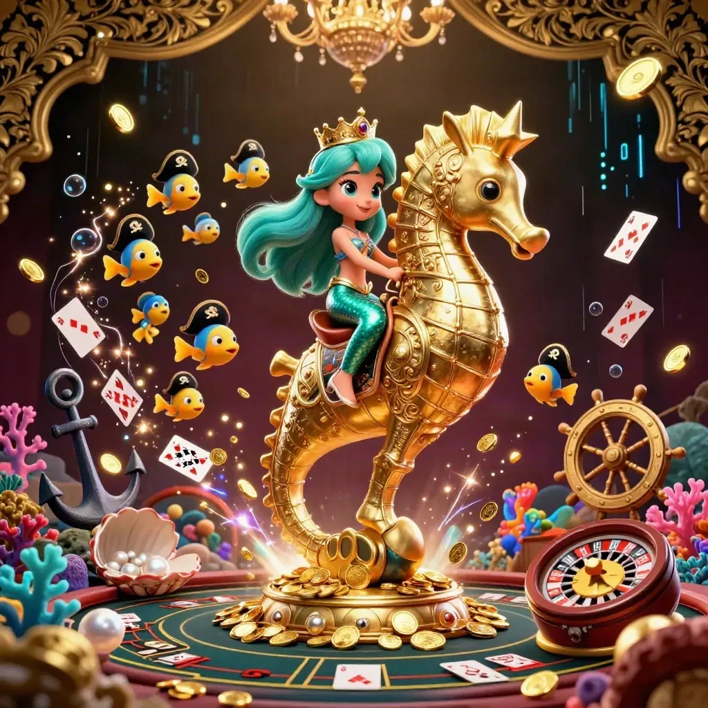 Sirena su cavalluccio marino dorato tra pesci pirata, roulette, carte e bagliori neon.