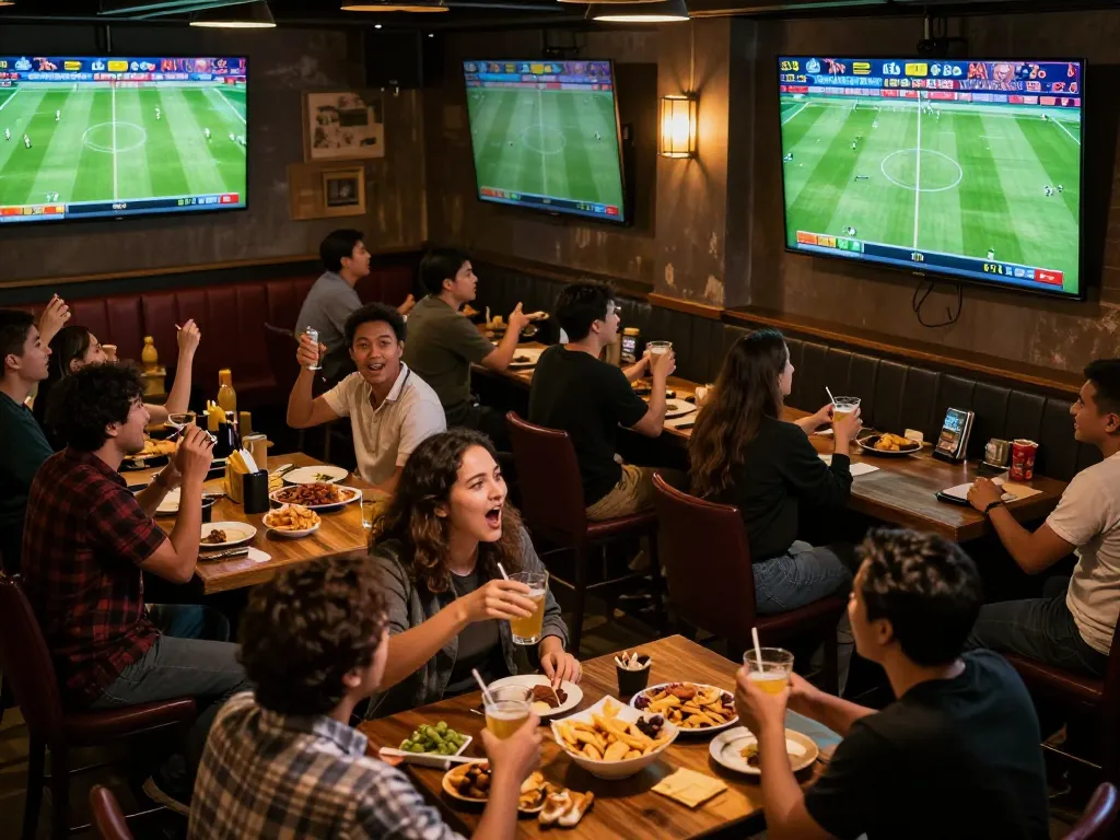 View of fans placed in sports bar watching live football matches on multiple screens, enjoying their time with friends while betting on ดูบอลสด.