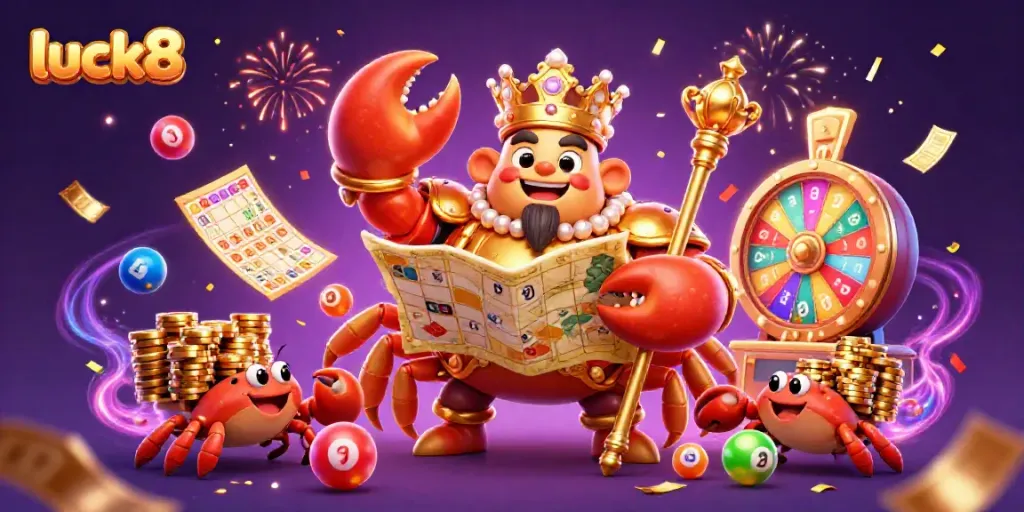 Experience the luck8 magic with a golden crab emperor amidst vibrant casino elements and colorful lottery balls.