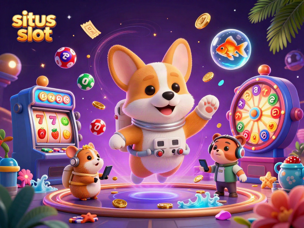 Experience exciting situs slot action with a 3D illustration of a floating corgi, casino elements, and colorful lottery balls.