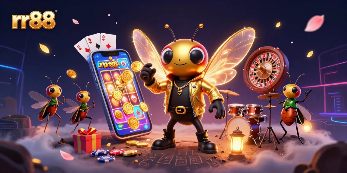 Experience rr88 excitement with a vibrant illustration showcasing thrilling casino games and characters.