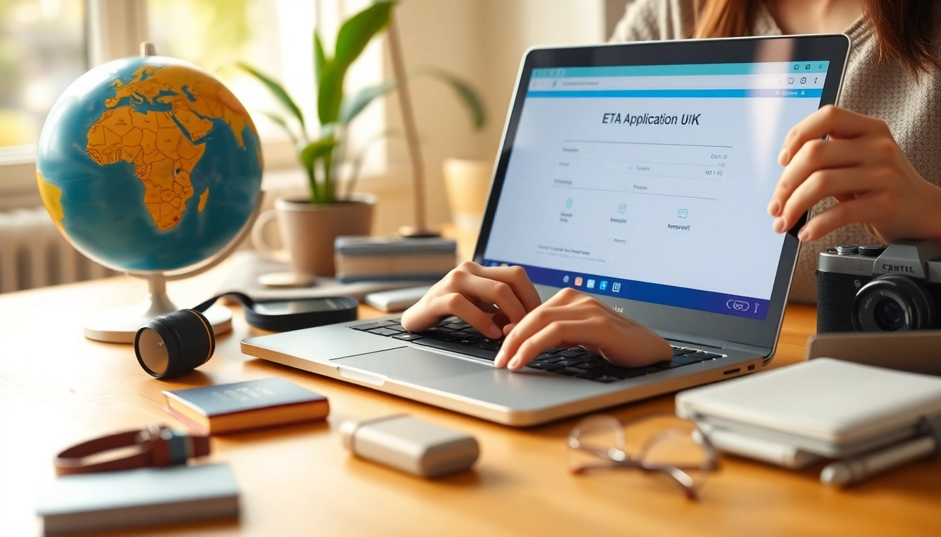 Fill out the eta application uk form with ease, showcasing travel essentials and a bright workspace.