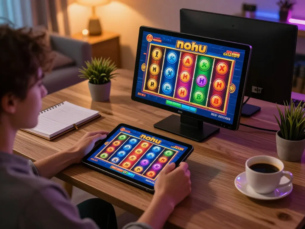 Player enjoying an online nohu game on a tablet in a cozy home office.