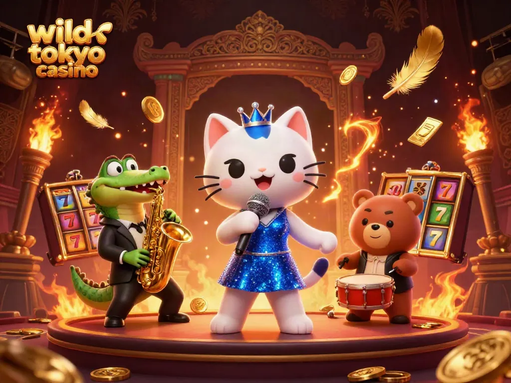 Experience thrilling moments at wild tokyo casino with a lively illustration of playful characters and rich game elements.
