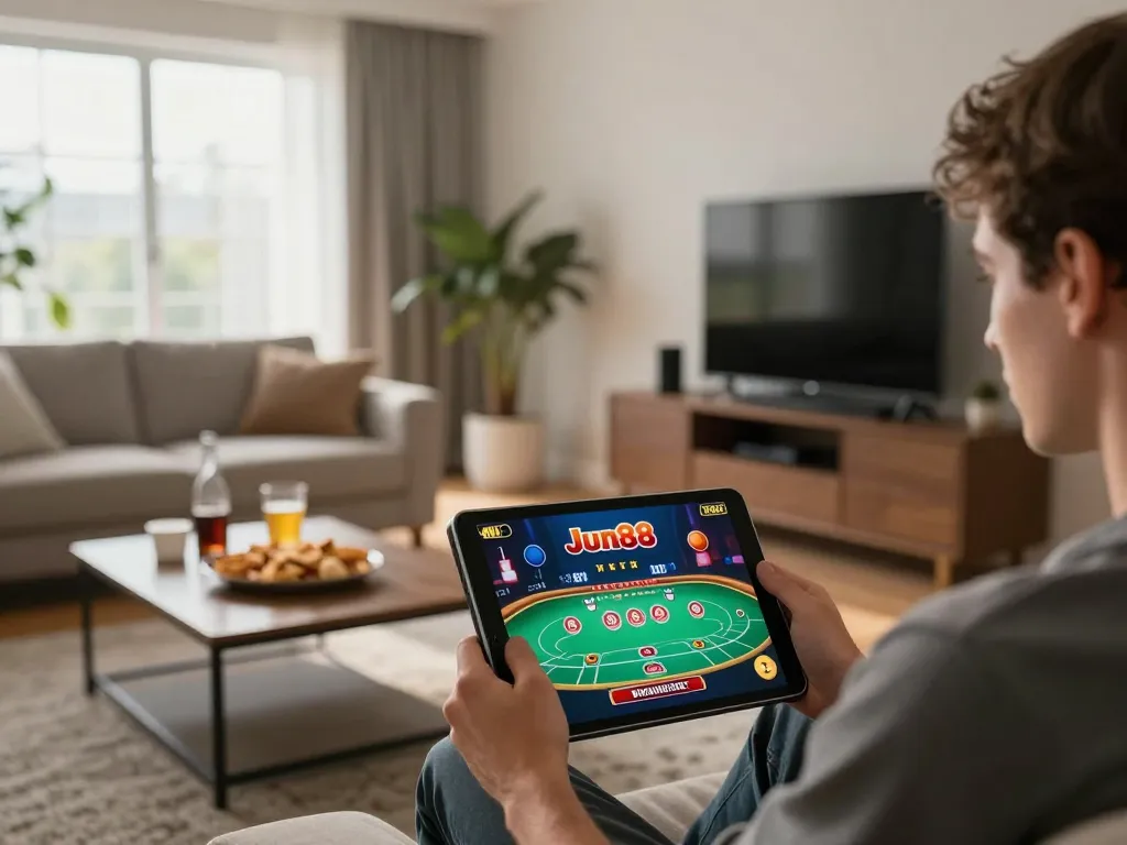 Player enjoying Jun88 online casino on tablet, engaging in poker game at home