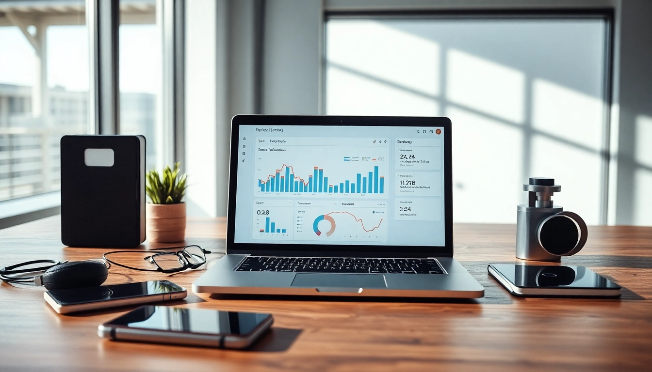 Visualize a SaaS dashboard interface on a laptop in a modern workspace, highlighting efficiency.
