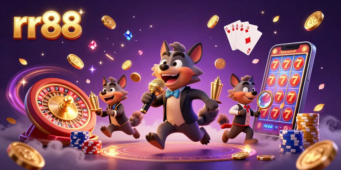 Experience excitement with rr88 in a vibrant casino scene featuring cartoony hyenas, gold coins, and spinning roulette.