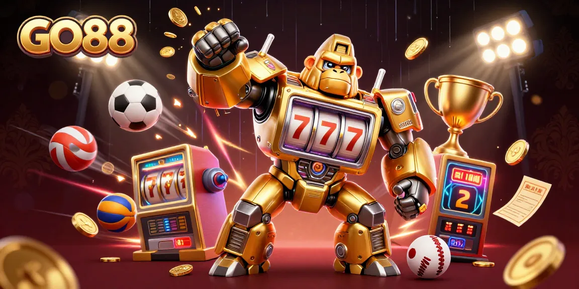 Experience dynamic gaming with GO88's captivating 3D illustration showcasing a golden gorilla mech and vibrant casino elements.