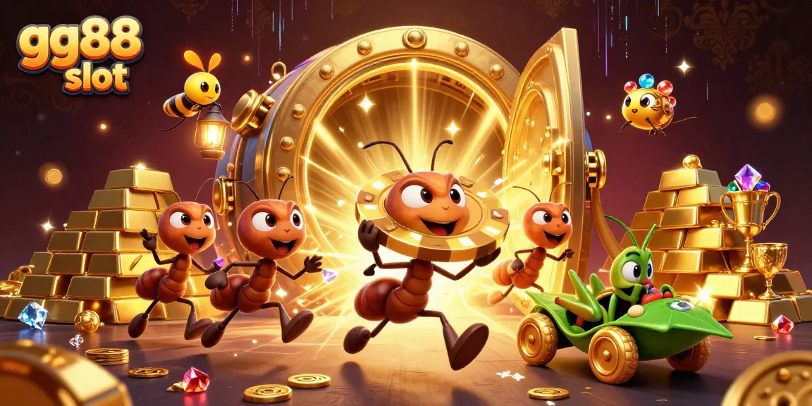 Experience thrilling action with gg88 slot as playful ants steal a giant poker chip in a vibrant casino scene.