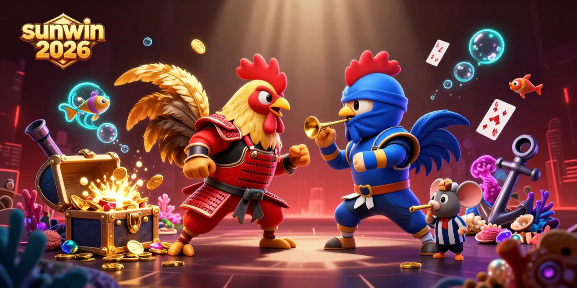 Engage in thrilling fun with sunwin 2026 fighting roosters amidst a vibrant casino backdrop.