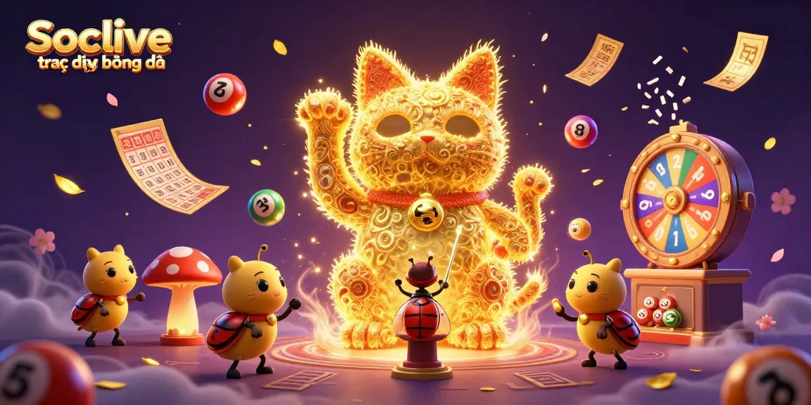 Socolive trực tiếp bóng đá showcases vibrant lottery balls and a lucky cat amidst dynamic casino elements.