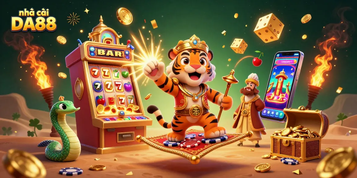 Play on nhà cái DA88 with vibrant 3D casino-themed illustration showcasing a dynamic jackpot scene and characters.